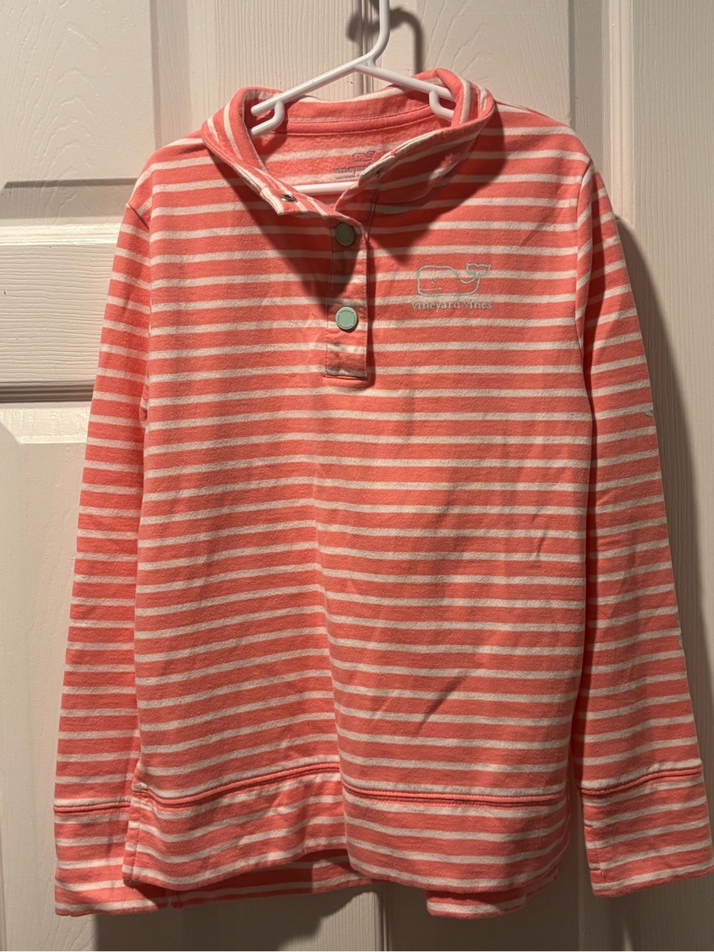 Vineyard Vines Girls M 10-12 Coral Pink Striped Shep Shirt Quarter Snap Pullover